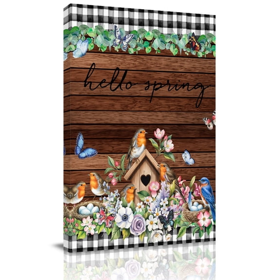 Hello Spring Canvas Wall Art for Living Room, Bird Pink White Flowers Butterflies Brown Wood Grain Wall Decor Framed Artwork Pictures Ready to Hang for Bedroom Office Home Decor