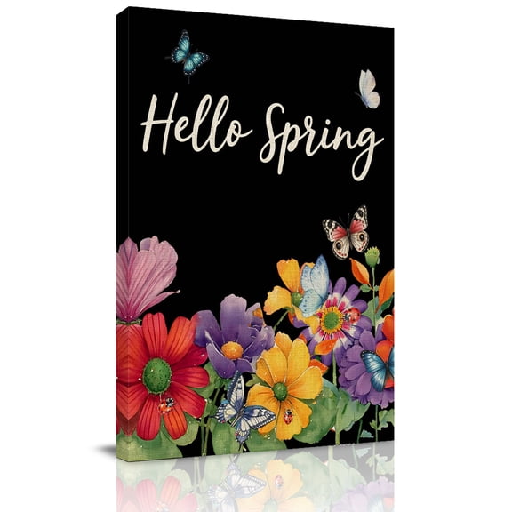 Hello Spring Canvas Wall Art for Living Room, Red Yellow Purple Flower Butterfly Floral Black Background Wall Decor Framed Artwork Pictures Ready to Hang for Bedroom Office Home Decor