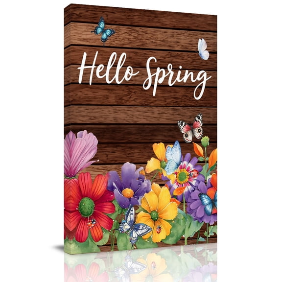 Hello Spring Canvas Wall Art for Living Room, Red Yellow Purple Flower Butterfly Floral Wood Grain Wall Decor Framed Artwork Pictures Ready to Hang for Bedroom Office Home Decor