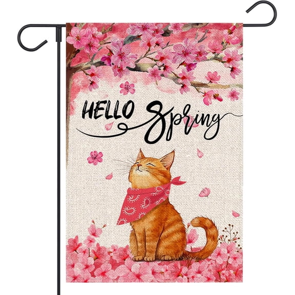 Hello Spring Cat Garden Flag 12x18 Inch Double Sided Pink Flowers Tree Outside Seasonal Farmhouse Yard Flag Patio Outdoor Decoration