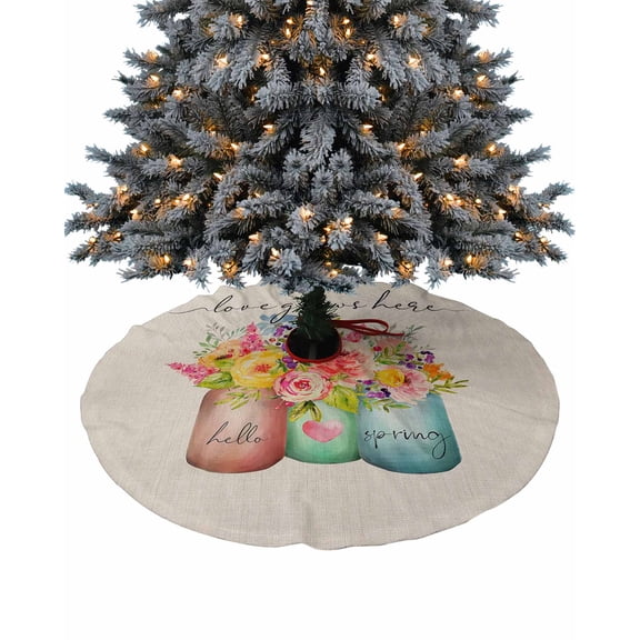 Hello Spring Christmas Tree Skirt 36 Inches Large Christmas Skirt Tree, Watercolor Colorful Spring Floral Rutic Burlap Tree Skirt Christmas Decorations for Fireplace Party Holidays Indoor Outdoor