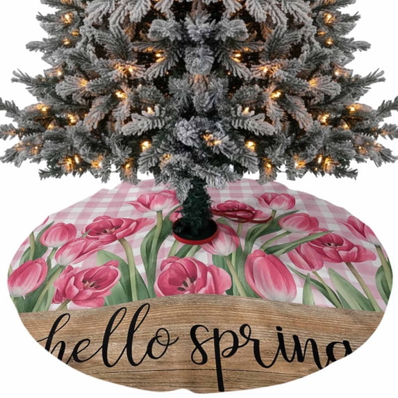 Hello Spring Christmas Tree Skirt 36 Inches, Pink Tulip Flowers Farmhouse Buffalo Plaid Wooden Xmas Trees Skirt Mat Cover Decorations for Holiday Party Indoor Outdoor