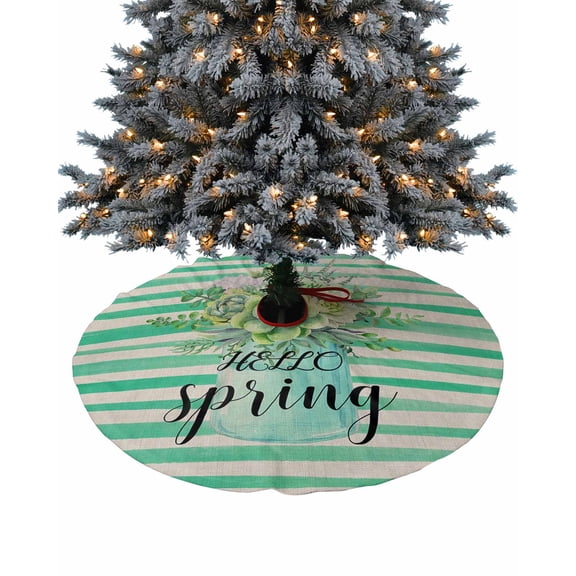 Hello Spring Christmas Tree Skirt 48 Inches Large Christmas Skirt Tree, Watercolor Spring Floral Succulents Green Striped Tree Skirt Christmas Decorations for Fireplace Party Holidays Indoor Outdoor