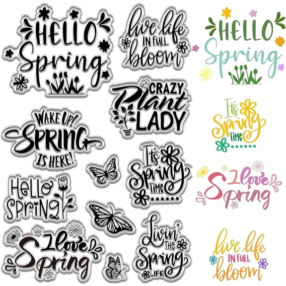 Hello Spring Clear Rubber Stamp Butterfly Flowers Vintage Transparent Silicone Seals Stamp for Journaling Card Making DIY Scrapbooking Handmade Photo Album Notebook Decor White