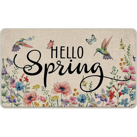 Hello Spring Colorful Floral Flower Decorative Front Door Mat, Hummingbird Doormat Indoor Outdoor Non-Slip Floor Entryway Rug, Butterfly Seasonal Home Kitchen Decoration 17x30 Inch