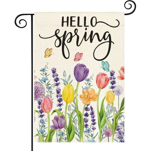Hello Spring Colorful Flowers Tulip Water Bottle Garden Flag 12.5x18in, Home Outdoor Yard Spring Flower Lawn Holiday Garden Flag Decoration -C