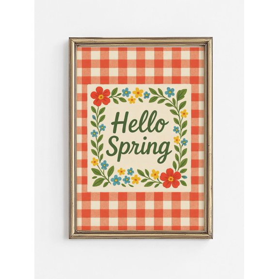 Hello Spring Coquette Gingham Poster, Retro Maximalist Nursery Wall Art