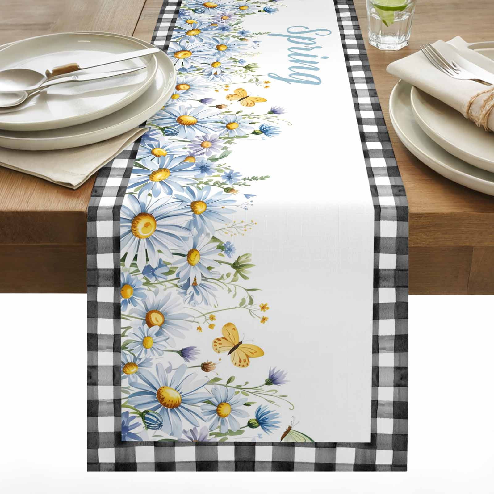 Hello Spring Cotton Linen Table Runner Spring Floral Watercolor Flower ...