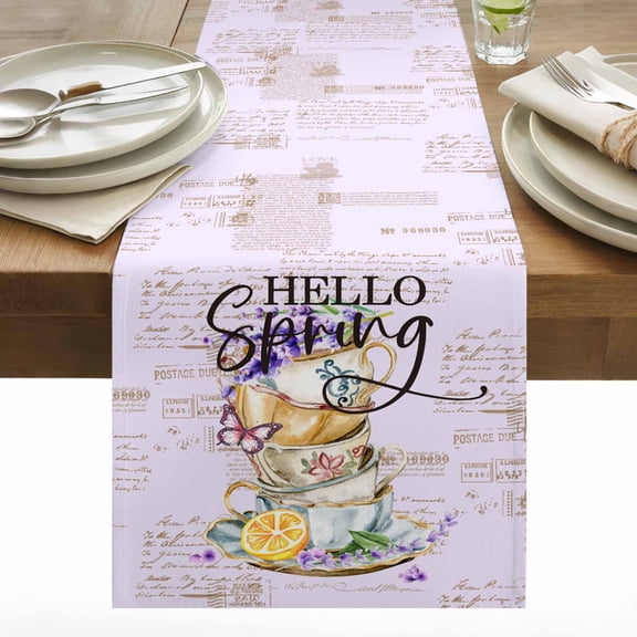 Hello Spring Cotton Linen Table Runner Vintage Cups Dining Table Runners for Home Decor Party Dining Room Restaurant Kitchen 13" x 36"