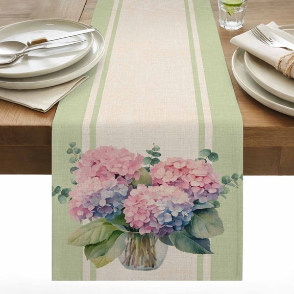 Hello Spring Cotton Linen Table Runner Watercolor Hydrangeas Green Texture Dining Table Runners for Home Decor Party Dining Room Restaurant Kitchen 13" x 36"