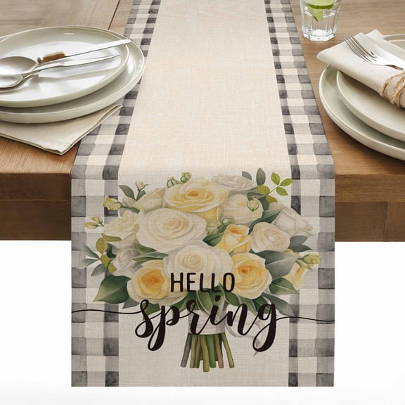 Hello Spring Cotton Linen Table Runner White Rose Beige Texture Dining Table Runners for Home Decor Party Dining Room Restaurant Kitchen 13" x 36"