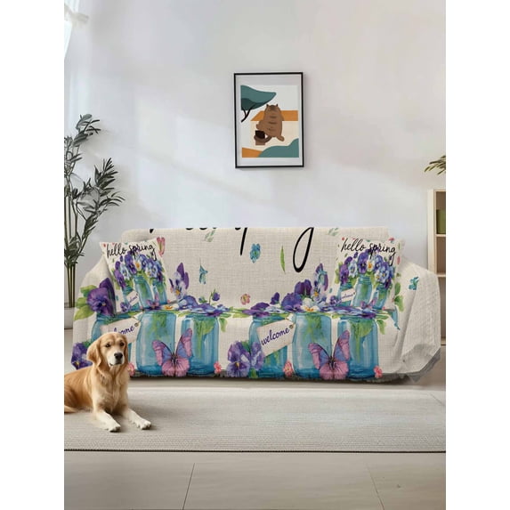 Hello Spring Couch Cover, Pastoral Purple Bottle Floral Rustic Burlap Oversized Sofa Cover Blanket for 3 Cushion Couch, Sectional Sofa Slipcover Furniture Protector for Living Room Bedroom 71''x150''
