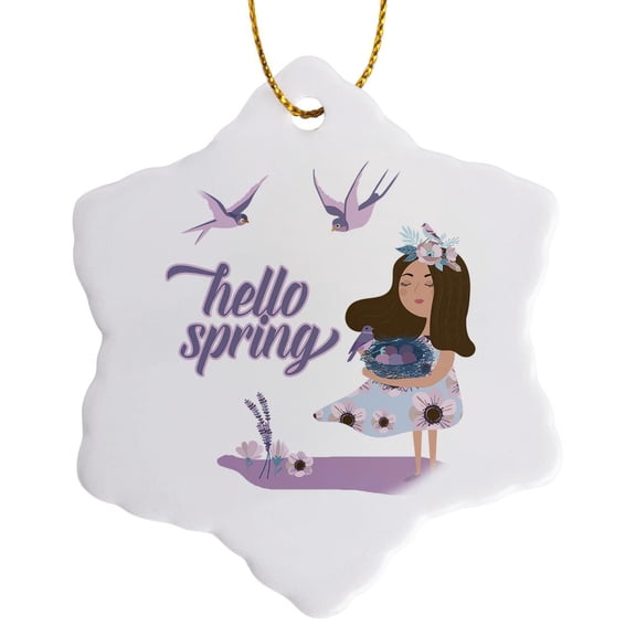 3drose, Hello Spring - Cute Purple Girl and Animal Swallow Bird Illustration, 3 inch Snowflake Porcelain Ornament