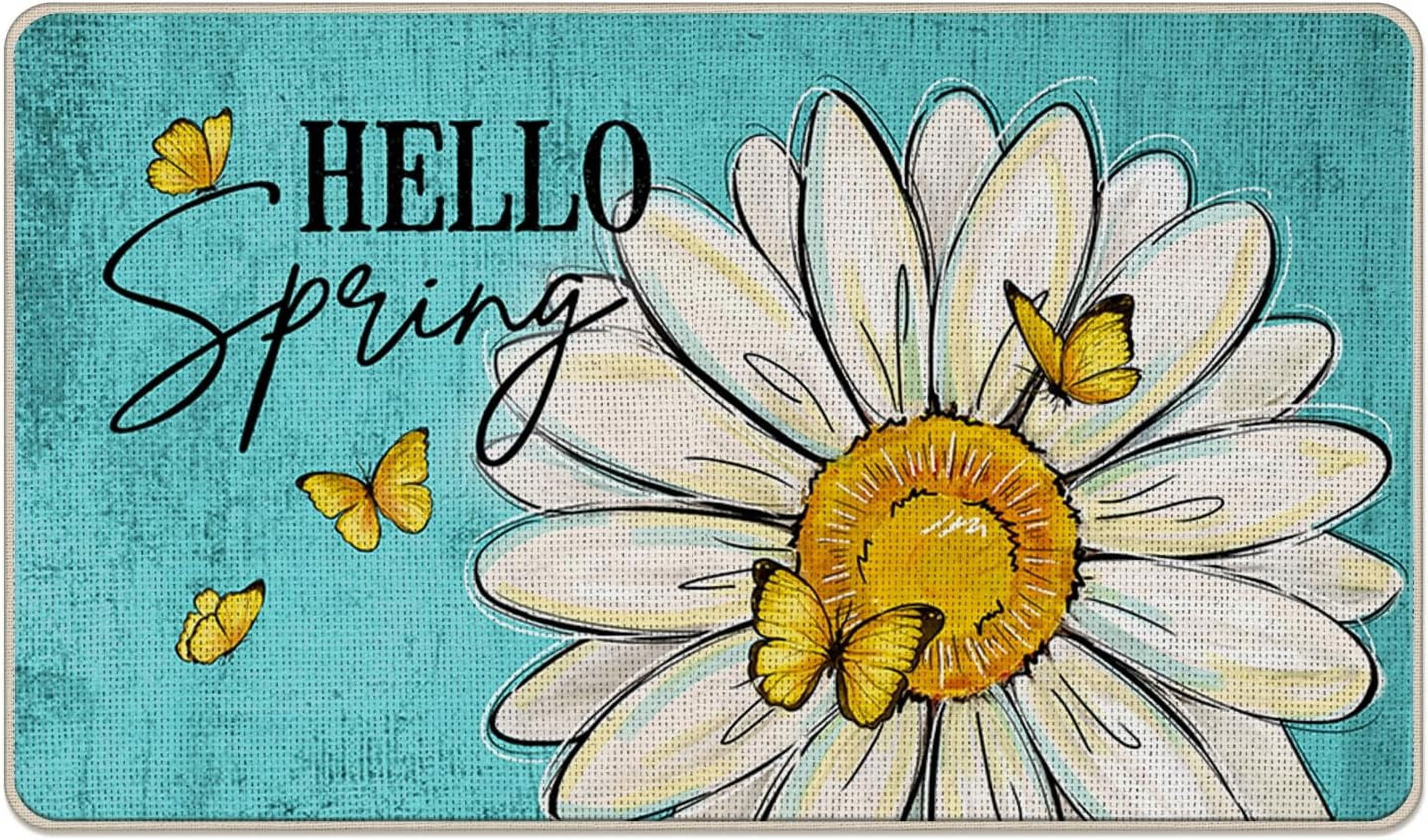 Hello Spring Daisy Flower Decorative Front Door Mat, Floral Butterfly Teal Doormat Indoor Outdoor Non-Slip Floor Entryway Rug, Seasonal Home Kitchen Decoration 17x30 Inch
