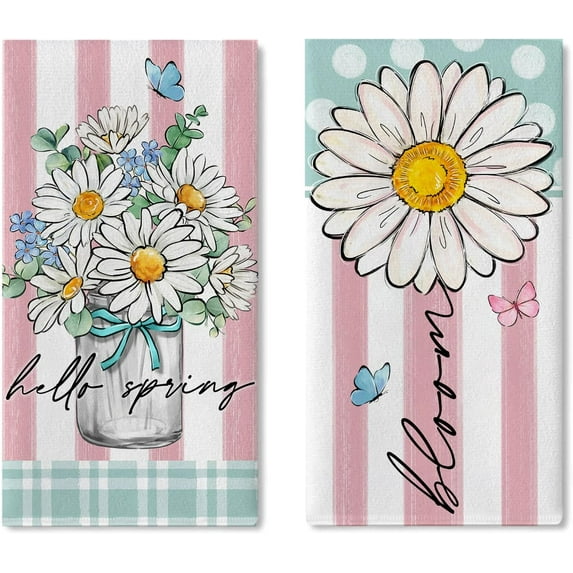 Hello Spring Daisy Flower Kitchen Dish Towels Set of 2, Floral Bloom Mason Jar Drying Hand Towels Baking Cooking Cloth, Pink Stripes Teal Plaid Farmhouse Home Kitchen Decoration 18 x 26 Inch
