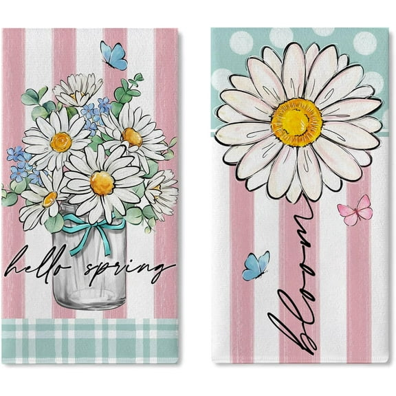 Hello Spring Daisy Flower Kitchen Dish Towels Set of 2, Floral Bloom Mason Jar Drying Hand Towels Baking Cooking Cloth, Pink Stripes Teal Plaid Farmhouse Home Kitchen Decoration 18 x 26 Inch