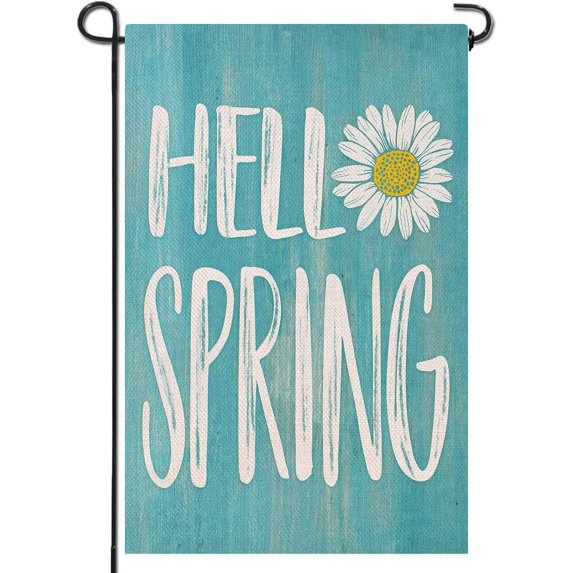 Hello Spring Daisy Flower Small Decorative Garden Flag, Teal Farmhouse Yard Lawn Outside Decor, Seasonal Rustic Burlap Outdoor Home Decoration Double Sided 12 x 18