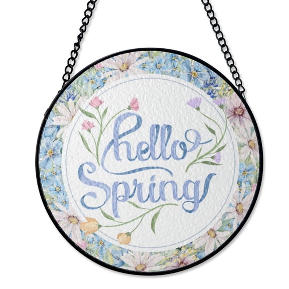 Hello Spring Daisy Flower Suncatcher Stained Glass Style UV Printed Glass Fresh Garden Home Decor Round