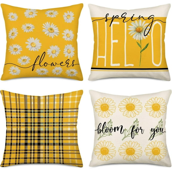 Hello Spring Daisy Flower Throw Pillow Covers 18x18 Inch Set of 4 White and Yellow Buffalo Plaids with Bloom for You Pillow Cases Cushion Cover Sofa Couch Farmhouse Decorative Pillowcase