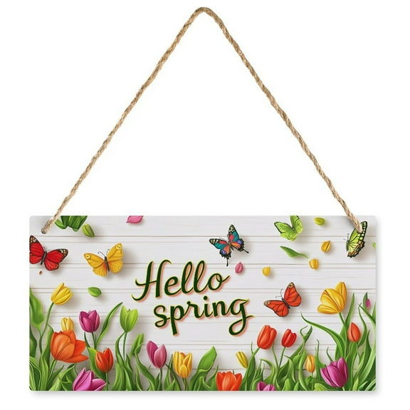 Hello Spring Decor Front Door Sign Door Wreath Rustic Dining Table Decor Centrepiece Wood Door Hanger for Outdoor Porch Home Decoration