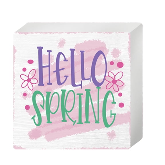 Hello Spring Desk Decorations Home Office Desk Decor Wood Box Sign Farmhouse Cubicle Bookshelf Dining Table Wall Art Decor Gift for Women 5 X 5 Inch