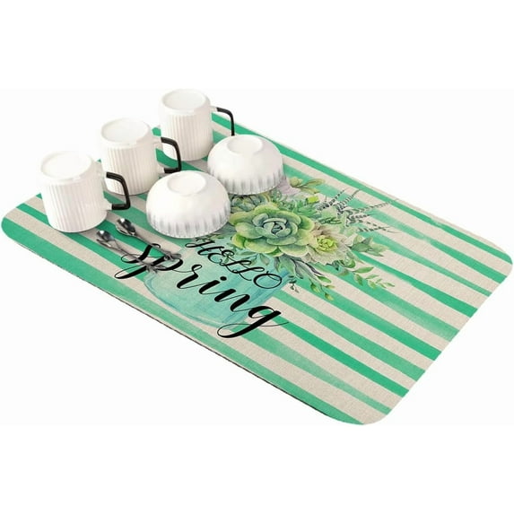 Hello Spring Dish Drying Mat for Kitchen Counter,Super Absorbent Quick Dry Coffee Bar Mat Pad Diatomaceous Sink Mat Non Slip Dish Drainer Mat 16x24 Watercolor Spring Floral Succulents Green Striped