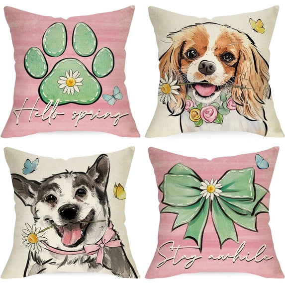 Hello Spring Dog Decorative Throw Pillow Covers 18 x 18 Set of 4, Golden Retriever Puppy Paw Print Pink Cushion Case Decor, Stay Awhile Bow Daisy Flower Butterfly Home Decoration for Sofa Couch