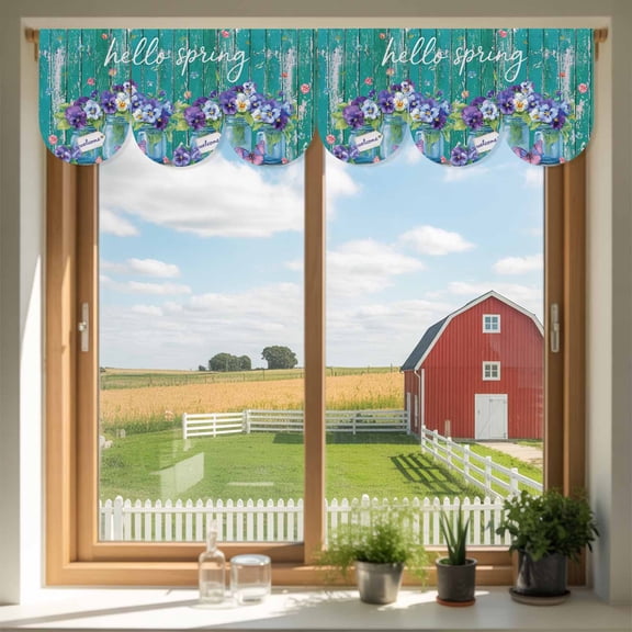 Hello Spring Door Banner Country Purple Pansy Flowers Green Wood Plank Small Scalloped Hanging Banner for Door, Hanging Flag Backdrop Decoration for Wall Window Party 3pcs, 8 x 12 Inch