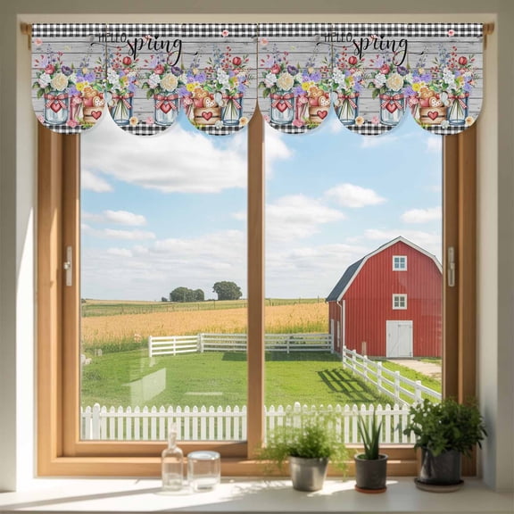 Hello Spring Door Banner Rose Purple Pink Flower Red Heart Gray Wood Grain Plaid Small Scalloped Hanging Banner for Door, Hanging Flag Backdrop Decoration for Wall Window Party 3pcs, 8 x 12 Inch