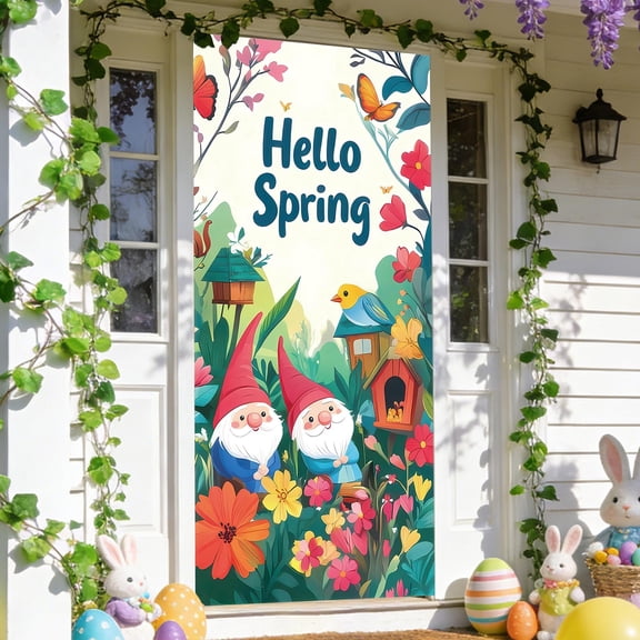 Hello Spring Door Cover Decoration Spring Floral Gnome Door Background Banner Colorful Flower Front Door Hanging Banner Photo Booth Backdrop for Indoor Outdoor Party Decor, 71 x 35 Inch