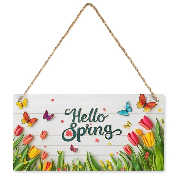 Hello Spring Door Sign Colorful Flowers Spring Decor Sign Hanging Door Signs Rustic Wall Decor Farmhouse Wood Hanging Plaque for Home Farmhouse Home