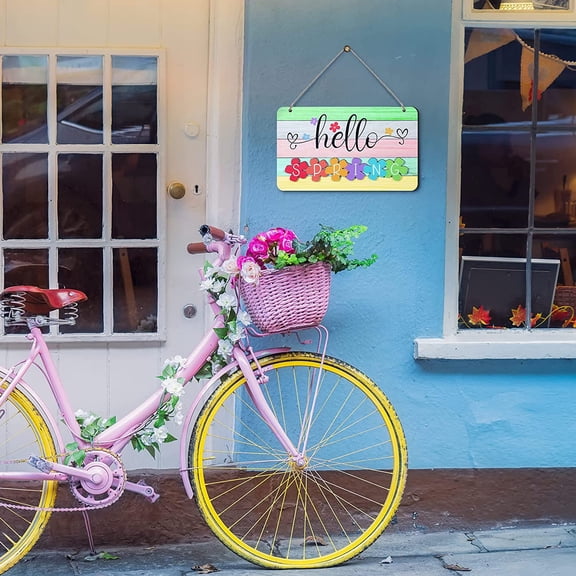 Hello Spring Door Sign Colorful Flowers Spring Decoration Wood Farmhouse Welcome Hanging Plaque Sign for Home Front Door Wall Porch Indoor Outdoor Decor,10 x 5.5 Inch