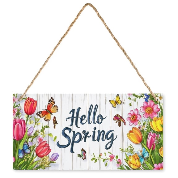 Hello Spring Door Sign for Front Door Flower Door Hanger Wreaths Spring Wooden Hanging Decor Rustic Welcome Sign for Front Porch Wall Pediments Decorations
