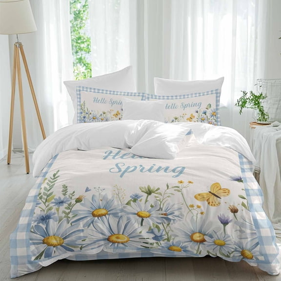 Hello Spring Duvet Cover Set Queen Size, Spring Floral Watercolor Flower White Daisy Butterfly Blue Plaid 4 Piece Microfiber Bedding Set, 1 Comforter Cover, 1 Flat Sheet, 2 Pillowcases