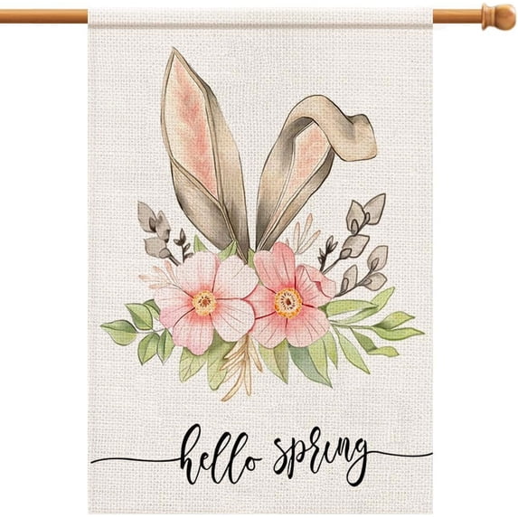 Hello Spring Easter Bunny Floral House Flag 28x40 Inch Burlap Double Sided Outside, Seasonal Sign Yard Outdoor Decorations DF249-28
