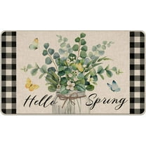 Hello Spring Eucalyptus Flowers Decorative Front Door Mat, Mason Jar Leaves Floral Doormat Indoor Outdoor Non-Slip Floor Entryway Rug, Buffalo Plaid Farmhouse Home Kitchen Decoration 17x30 Inch