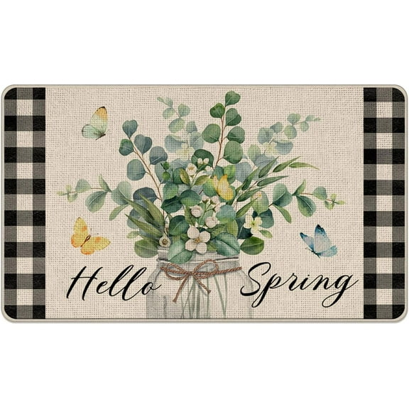 Hello Spring Eucalyptus Flowers Decorative Front Door Mat, Mason Jar Leaves Floral Doormat Indoor Outdoor Non-Slip Floor Entryway Rug, Buffalo Plaid Farmhouse Home Kitchen Decoration 17x30 Inch