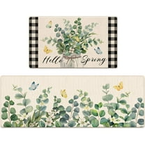 Hello Spring Eucalyptus Leaves Greenery Decorative Kitchen Rugs Set of 2, Farmhouse Anti-Fatigue Kitchen Mats Non-Slip Floor Mat Botanical Buffalo Plaid Home Decorations - 17x30 and 17x47 Inch