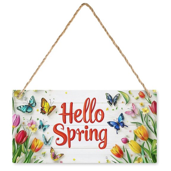 Hello Spring Farmhouse Wall Hanging Plaque Filleted Corner Wooden Sign for Home Bathroom Indoor Outdoor, 10 X 5 Inch