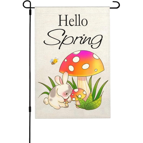 Hello Spring Flag Rabbit Picking Mushrooms In Spring Garden Flag Double Sided Mushroom Flower Bee Yard Lawn Outside Decor,Holiday Outdoor Home Decoration