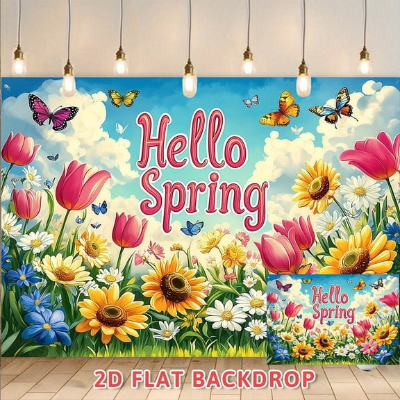 Hello Spring Floral Backdrop, Colorful Flower Butterfly Sky Scene Background Banner for Spring Themed Party, Indoor Outdoor Wall Decor, Photography Booth, Home Garden Festival Decoration