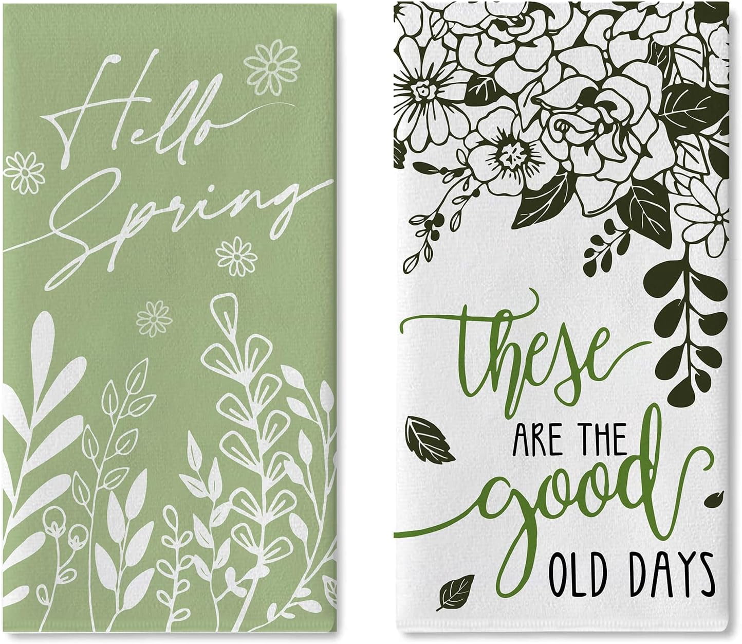 Hello Spring Floral Flower Green Kitchen Dish Towels Set of 2, There ...