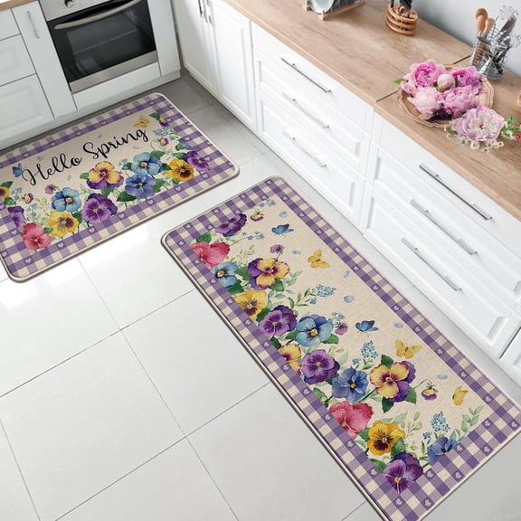 Hello Spring Floral Flower Kitchen Rugs Set of 2, Pansy Butterfly Purple Plaid Check Farmhouse Kitchen Mats Decor, Love Hearts Floor Door Mat Home Decorations -17x30 and 17x47 Inch