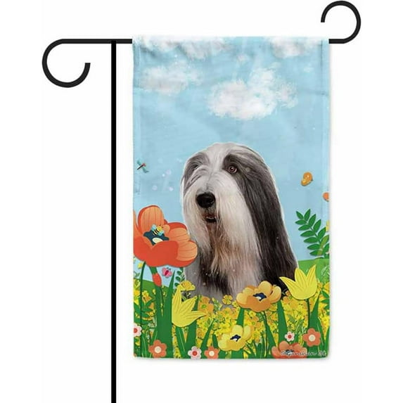 Hello Spring Floral Funny Dog Bearded Collie Garden Flag Summer Flower Home Decor Yard Banner for Outside Double Side 12.5 x 18 Inch