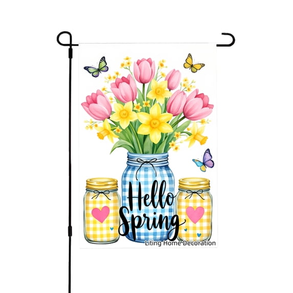 Hello Spring Floral Garden Flag With Pink Tulips And Yellow Daffodils In Mason Jars For Home Outdoor Garden Yard Decor 12x18 Inch
