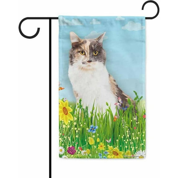 Hello Spring Floral with Cat Beautiful Cat Garden Flag Summer Flower Home Decor Yard Banner for Outside 12.5 x 18 Inch Double Side