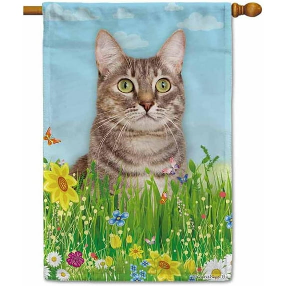 Hello Spring Floral with Cat Elegant Cat Garden Flag Summer Flower Home Decor Yard Banner for Outside 28 x 40 Inch Double Side