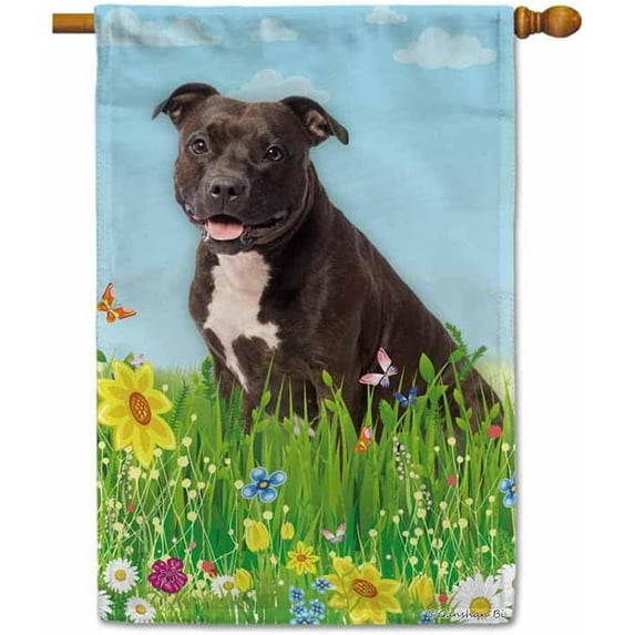 Hello Spring Floral with Dog Cute Pitbull Dog Garden Flag Summer Flower Home Decor Yard Banner for Outside 28 x 40 Inch Double Side