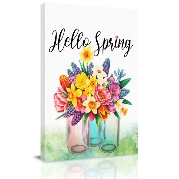 Hello Spring Florals Canvas Wall Art for Living Room, Yellow Pink Flower Plant Gradient Green Wall Decor Framed Artwork Pictures Ready to Hang for Bedroom Office Home Decor