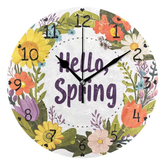 Hello Spring Florals Leaves Garland Round Wall Clock Silent Analog Battery Operated Black Pointer Home Decor 9.84" Diameter